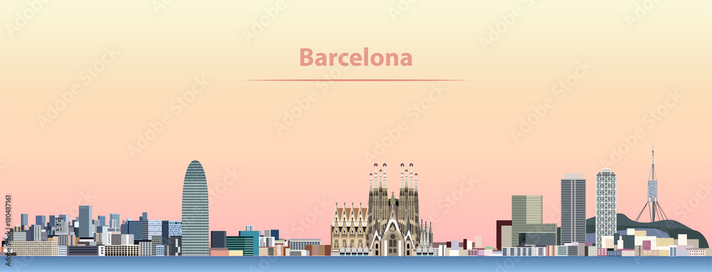 Naklejka premium wektor streszczenie ilustracji panoramę Barcelony o wschodzie słońca
