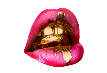 Canvas schilderij Fashion lippen Gouden tanden en roze lippenstift  © Tverdokhlib