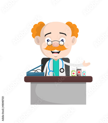 Cartoon Doctor in Clinic with Medical Equipments and Medicines