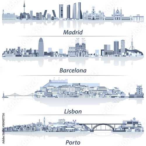 Madrid, Barcelona, Lisbon and Porto city skylines in light blue color palette with water reflections vector illustrations