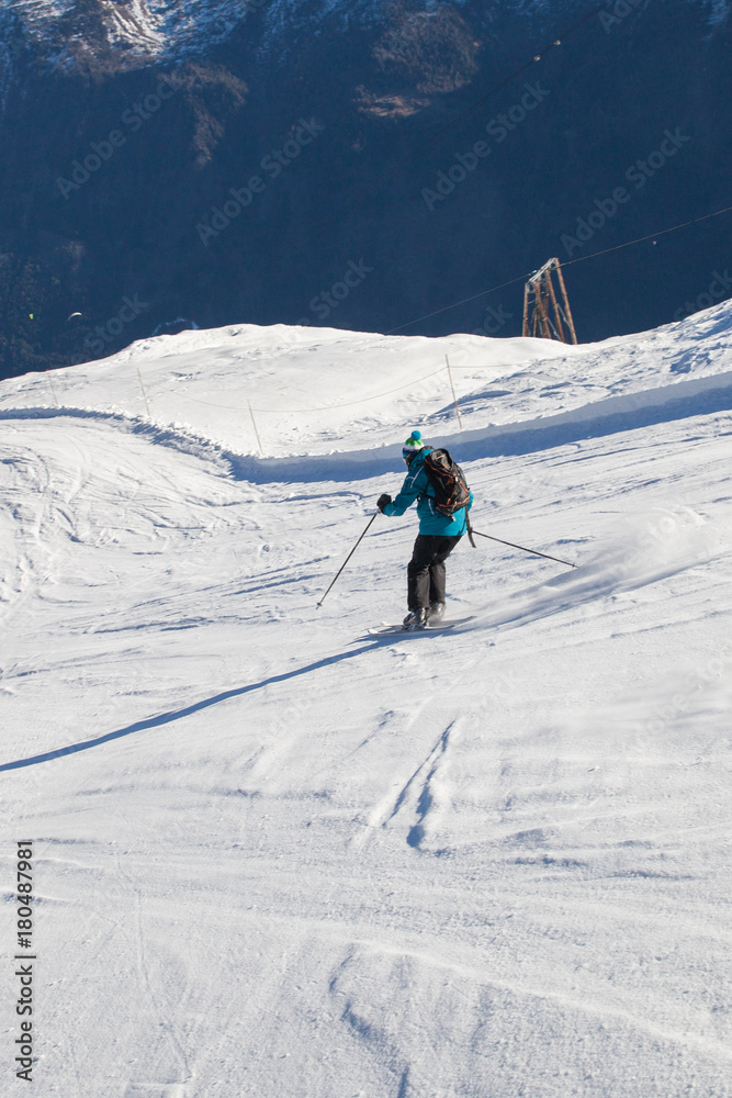 Skier on slope in Frech Alps, Chamoinx valley