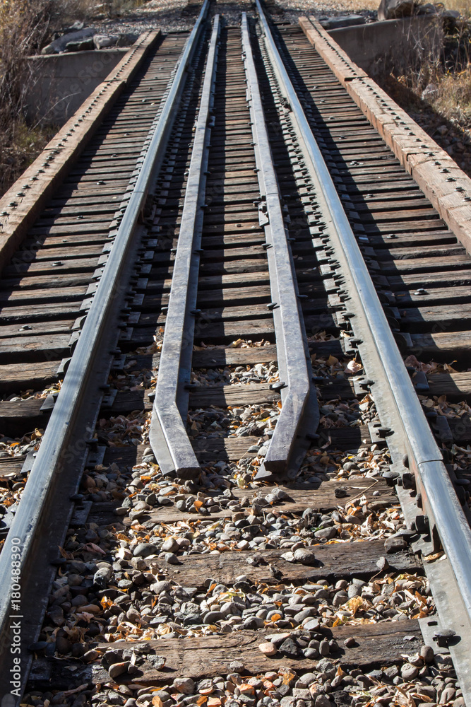 Narrow gauge railroad tracks over a small bridge in Durango, Colorado Narrow gauge railroad tracks over a small bridge in Durango, Colorado