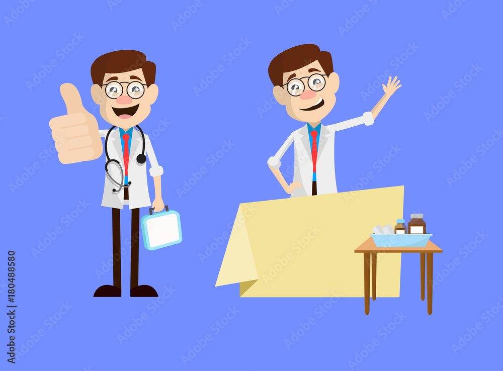 Comic Young Doctor Showing Thumbs Up with Ad Banner Vector Comic Young Doctor Showing Thumbs Up with Ad Banner Vector