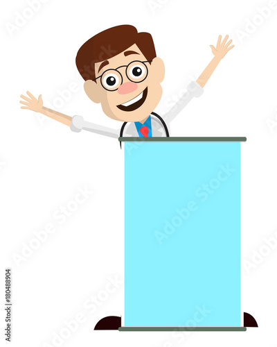 Joyful Medical Doctor with Blank Banner Vector