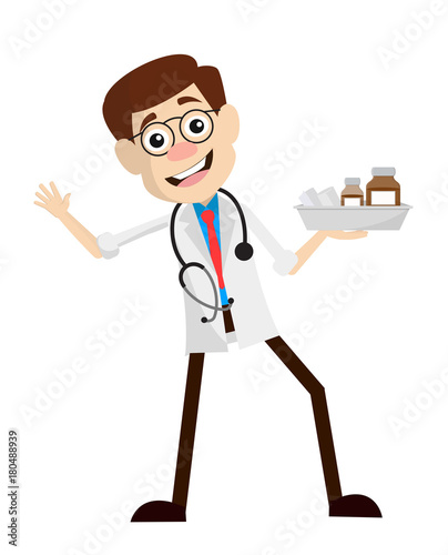 Funny Happy Doctor with Medicines Vector