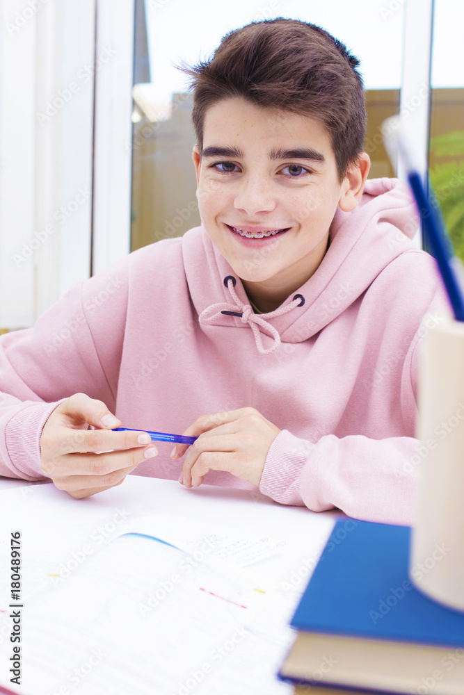 adolescent student on the desk studying and writing adolescent student on the desk studying and writing
