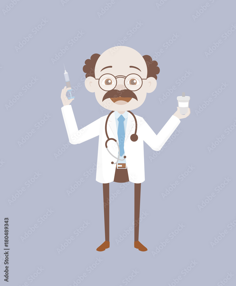 Joyful Forensic Pathologist with Syringe and Medicine Vector