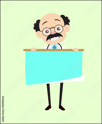 Comic Joyful Doctor Presenting Scroll Banner Vector