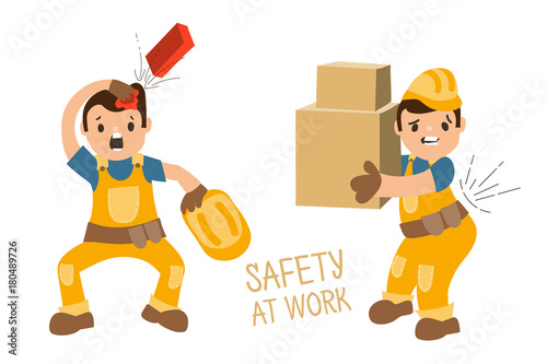 Set of illustrations - accidents at work (injures) fallen brick, worker without helmet, worker with heavy boxes and back pain