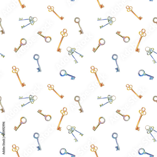 Seamless pattern of a keys.Watercolor hand drawn illustration.White background.