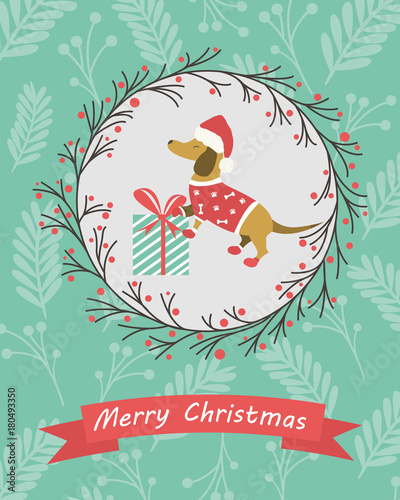 Holiday postcard with funny dachshund and gift