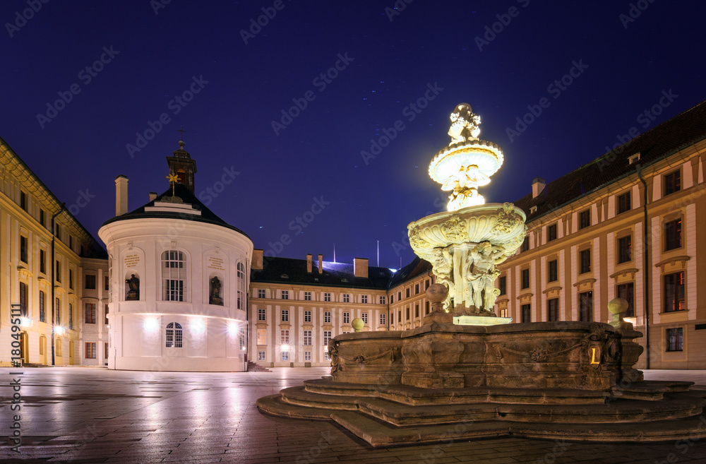 Fototapeta premium Night Hradcany view. Beautiful square near Saint Vitus Cathedral. Prague, Czech republic.