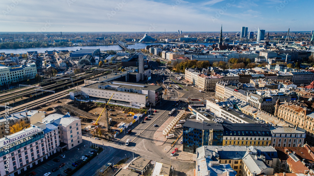 Old Riga City Town and roads Air Drone pictures