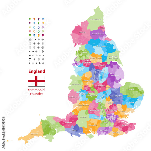 vector map of England ceremonial counties. Flag of England. Navigation and location icons