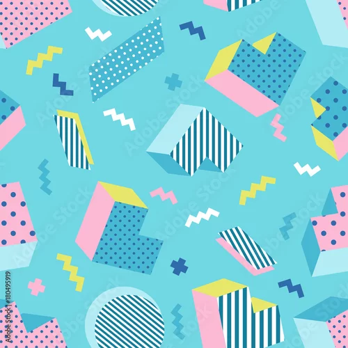 Tapety Bezszwowy kolorowy starej szkoły tła geometryczny błękitny wzór, Memphis projekta styl. Ilustracji wektorowych