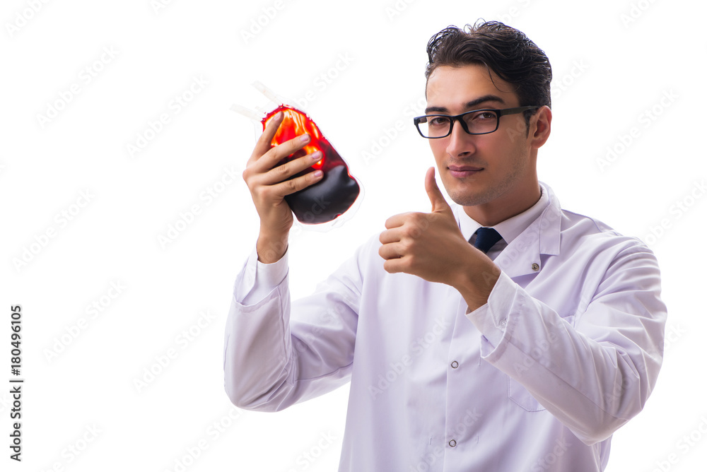 Doctor in blood donation concept isolated on white Doctor in blood donation concept isolated on white