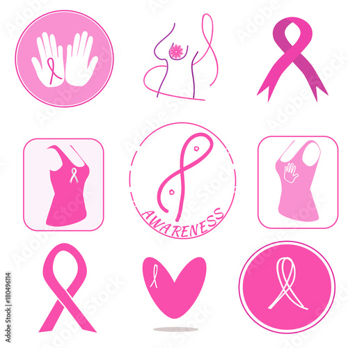 Breast cancer awareness symbols collection. Pink ribbons as support signs. Breast exam encouraging.