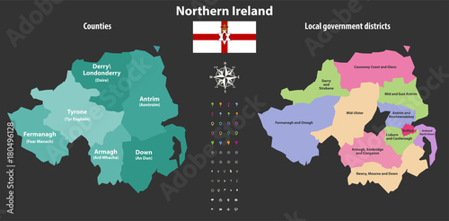 Northern Ireland counties and local government districts vector map