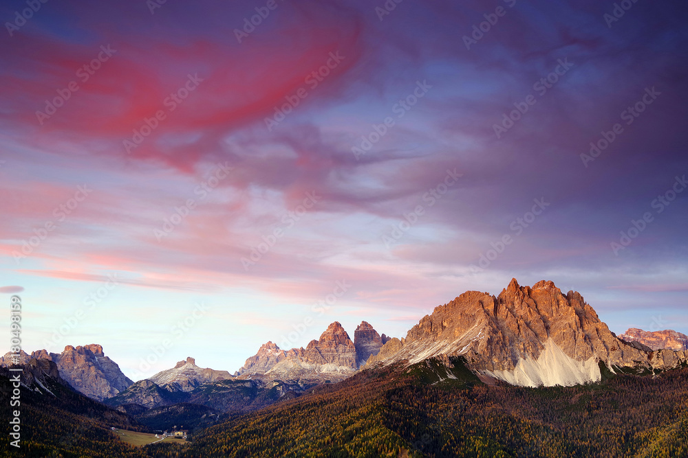 Cadini di Misurina and Tre Cime di Lavaredo in sunset light, Dolomites, Italy, Europe