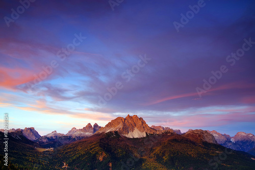 Cadini di Misurina and Tre Cime di Lavaredo in sunset light, Dolomites, Italy, Europe