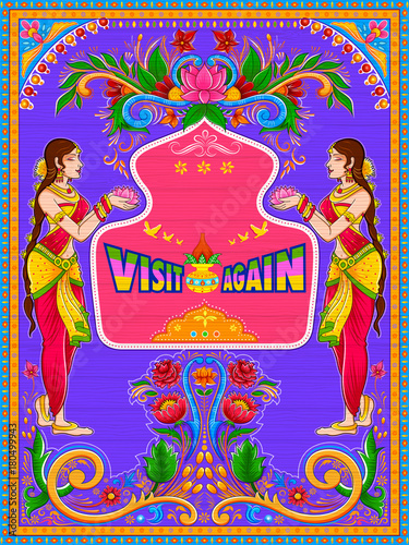 Colorful Visit Again banner in truck art kitsch style of India