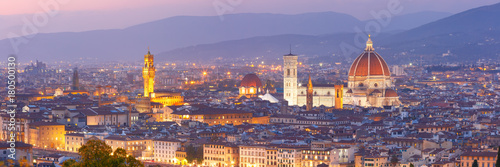 Fototapeta Naklejka Na Ścianę i Meble -  Beautiful panoramic view of Duomo Santa Maria Del Fiore and tower of Palazzo Vecchio during evening blue hour in Florence, Tuscany, Italy