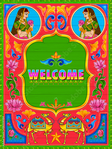 Colorful welcome banner in truck art kitsch style of India