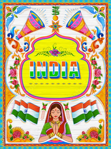 Colorful welcome banner in truck art kitsch style of India