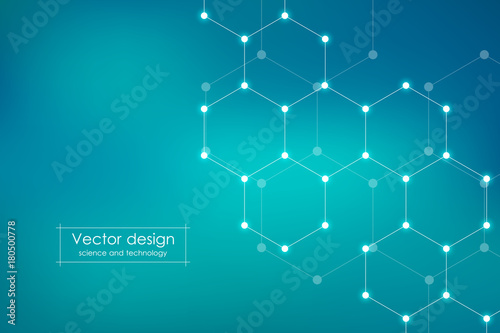 Abstract hexagonal molecule background, genetic and chemical compounds system. Geometric graphics and connected lines with dots. Scientific and technological concept, vector illustration