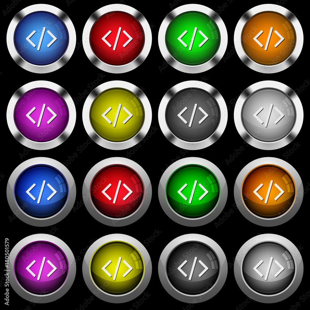 Script code white icons in round glossy buttons on black background Script code white icons in round glossy buttons on black background