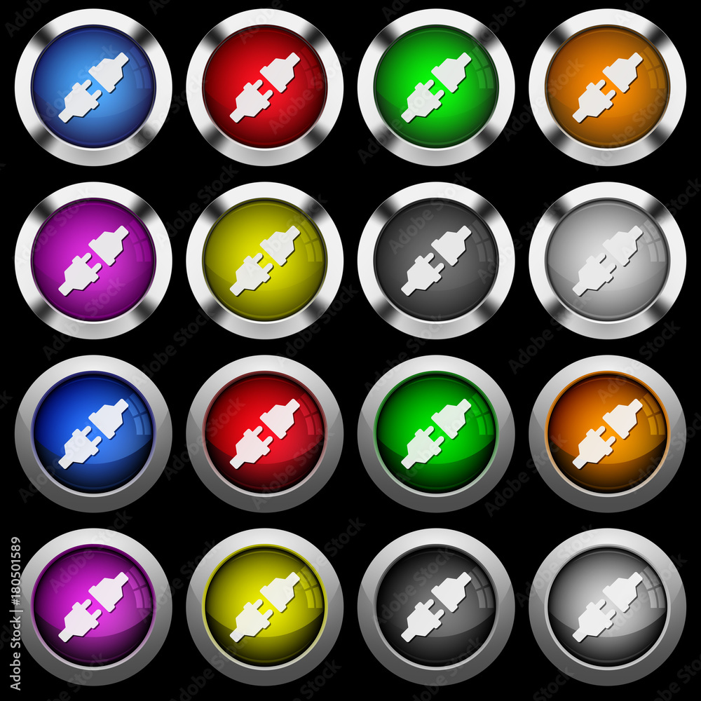 Unplugged power connectors white icons in round glossy buttons on black background Unplugged power connectors white icons in round glossy buttons on black background