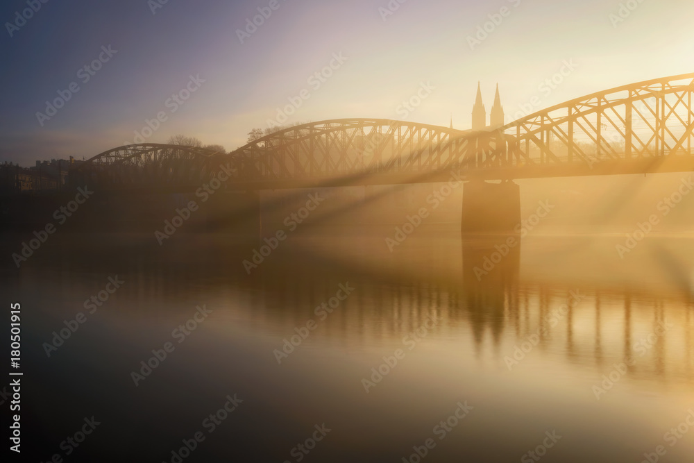 Obraz premium Foggy autumn morning. Misty Vysehrad church. Prague, Czech republic