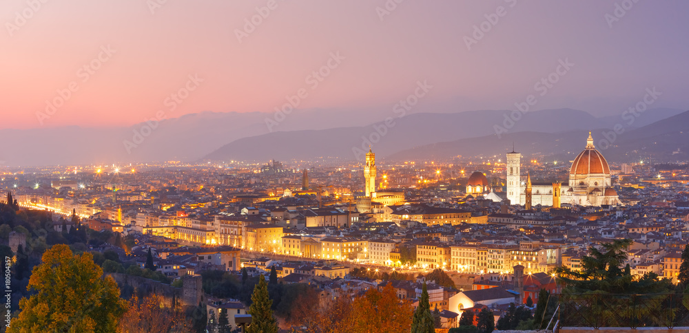 Beautiful panoramic view of Duomo Santa Maria Del Fiore and tower of Palazzo Vecchio at beautiful sunset in Florence, Tuscany, Italy