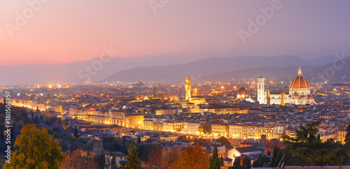 Beautiful panoramic view of Duomo Santa Maria Del Fiore and tower of Palazzo Vecchio at beautiful sunset in Florence, Tuscany, Italy
