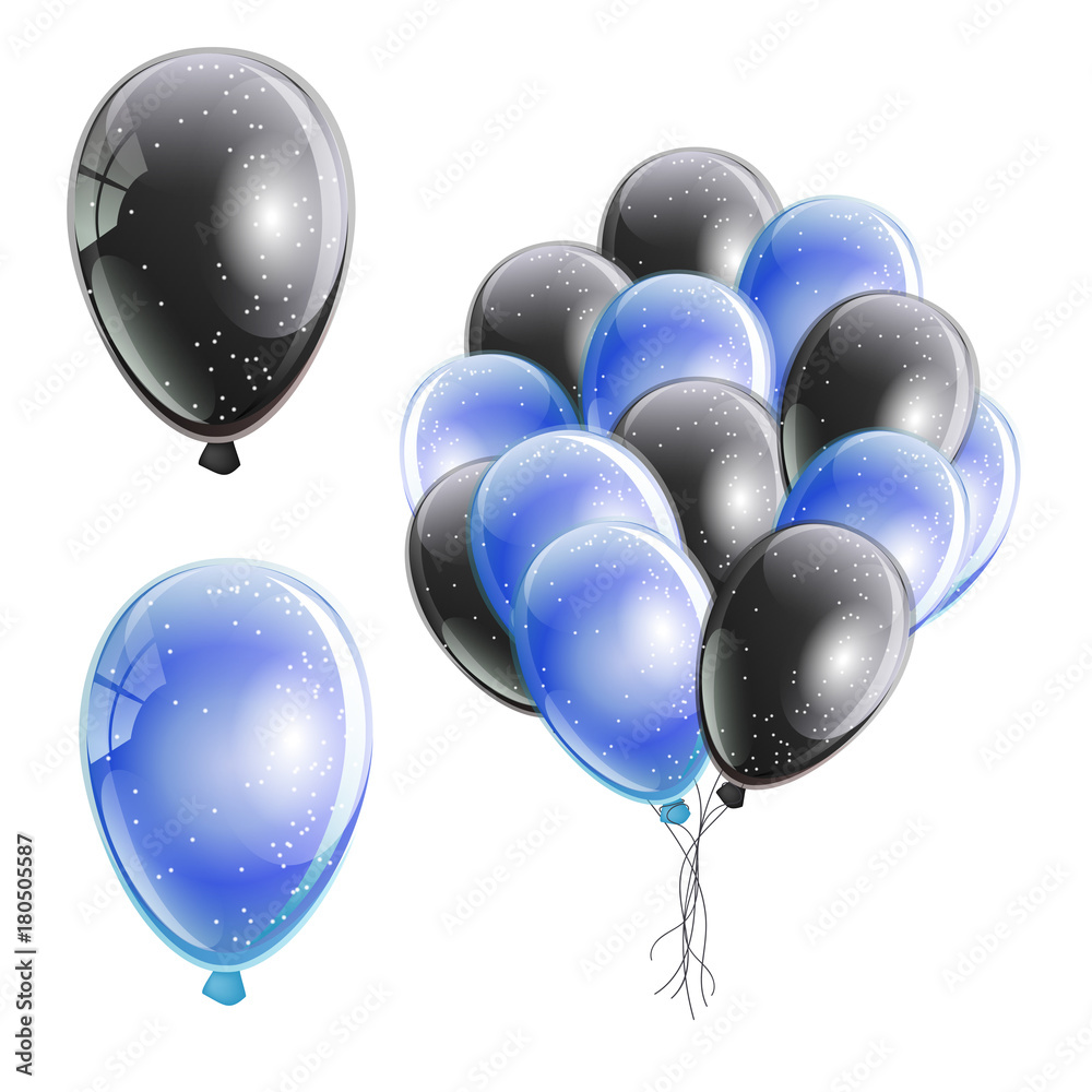 Bunch of realistic black and blue helium balloons with glitter and ...