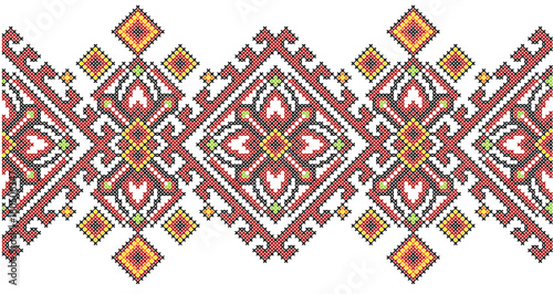 Ukrainian ethnic style cross stitch embroidery geometric pattern.