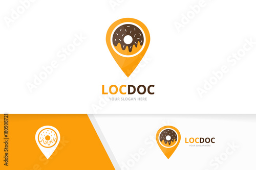 Vector donut and map pointer logo combination. Doughnut and gps locator symbol or icon. Unique bakery and pin logotype design template.