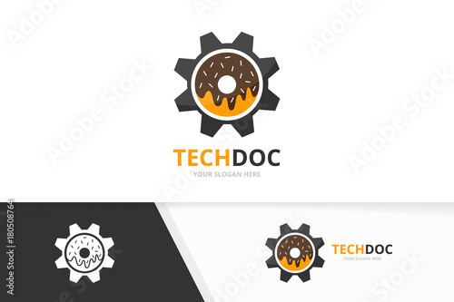 Vector donut and gear logo combination. Doughnut and mechanic symbol or icon. Unique bakery and industrial logotype design template.