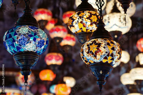 Moroccan or Turkish mosaic lamps and lanterns background