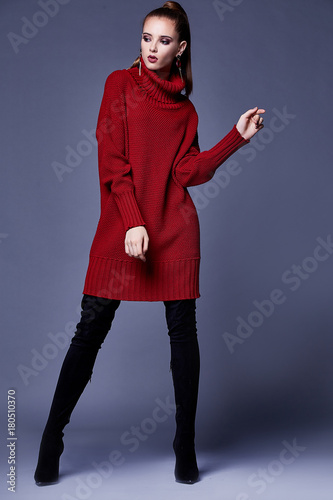 Sexy beautiful woman elegant lady wear casual clothes for every day red wool cashmere merino knitted dress fall winter collection lather black shoes fashion style glamour model wear trend brunette.
