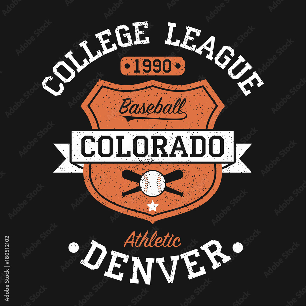 Colorado, Denver vintage baseball graphic for t-shirt. Original clothes design with grunge and shield. Apparel typography. Sportswear print. Vector illustration.