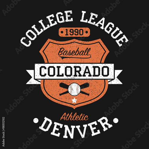 Colorado, Denver vintage baseball graphic for t-shirt. Original clothes design with grunge and shield. Apparel typography. Sportswear print. Vector illustration. photo