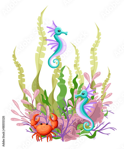 under the sea vector background Marine Life Landscape - the ocean and underwater world with different inhabitants. For print, create videos or web graphic design, user interface, card, poster.