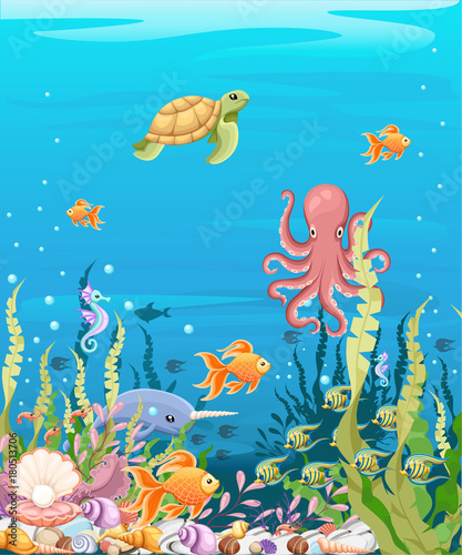 under the sea vector background Marine Life Landscape - the ocean and underwater world with different inhabitants. For print, create videos or web graphic design, user interface, card, poster.