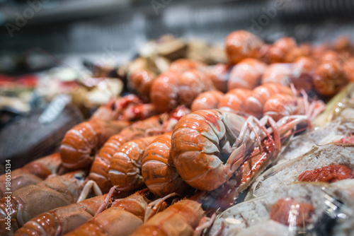 Fresh prawns and seafood in cold display