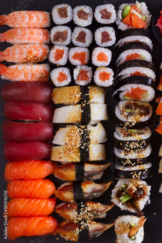 Japanese sushi big set pattern, top view scene