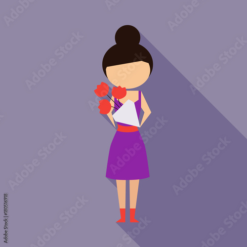 Vector illustration cartoon mother with present. Isolated white background. Flat design. The woman with flowers. 8 march