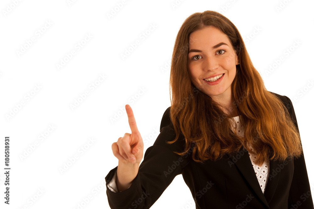 attractive busienss woman pressing a virtua button isolated over white background
