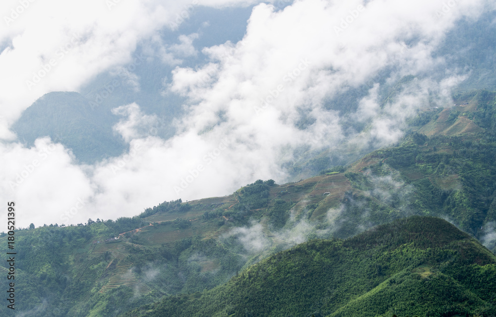 beautiful mountain with rice terraces and fog in morning beautiful mountain with rice terraces and fog in morning