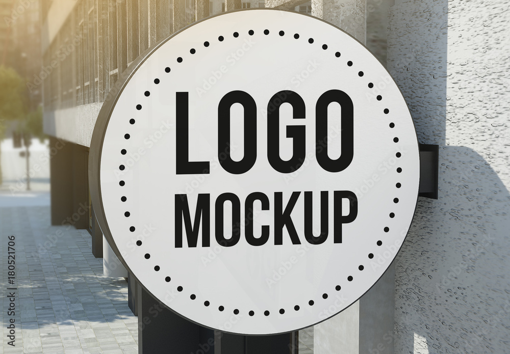 3D Rounded Sign on Exterior Wall Mockup Stock Template | Adobe Stock